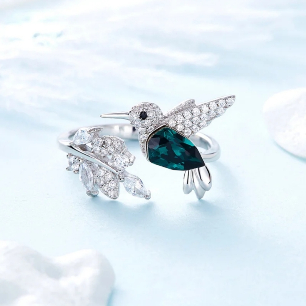 Elegant Natural Blue Stone Adjustable Hummingbird Ring for Women Glass Filled - Picture 5 of 10